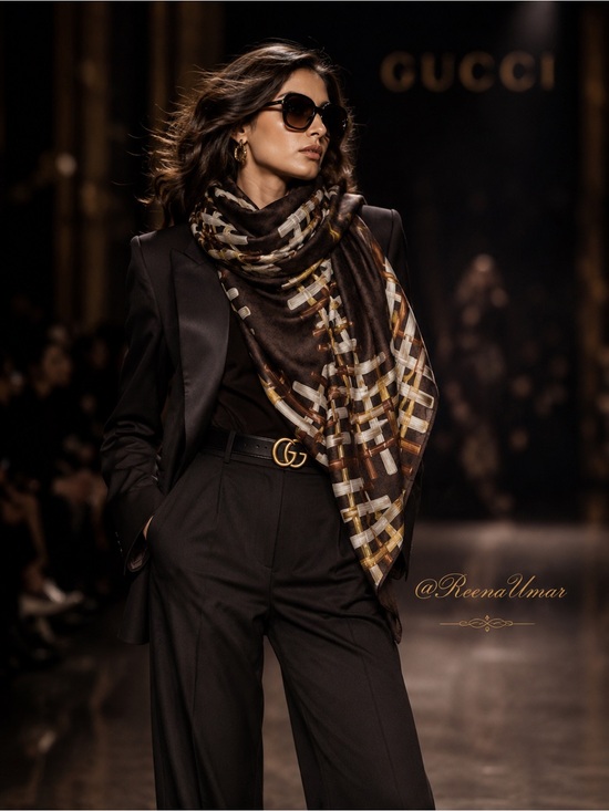 Unbranded Accessories - Silk Allover Logo & Bamboo Print Scarf Brown Gold Plaid Shawl Wrap 100% Silk NWT